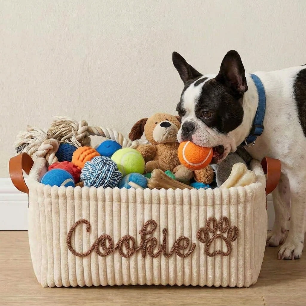 French Bulldog Custom Corduroy Toy Basket – Embroidered Name