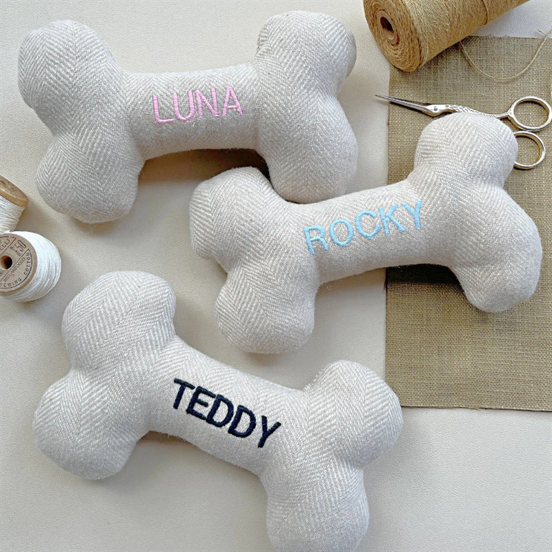 French Bulldog Custom Bone Toy – Embroidered Name Tweed Squeaker