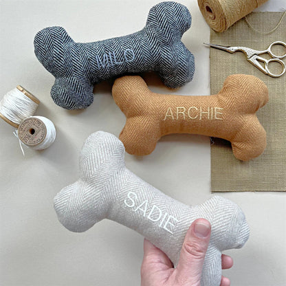 French Bulldog Custom Bone Toy – Embroidered Name Tweed Squeaker
