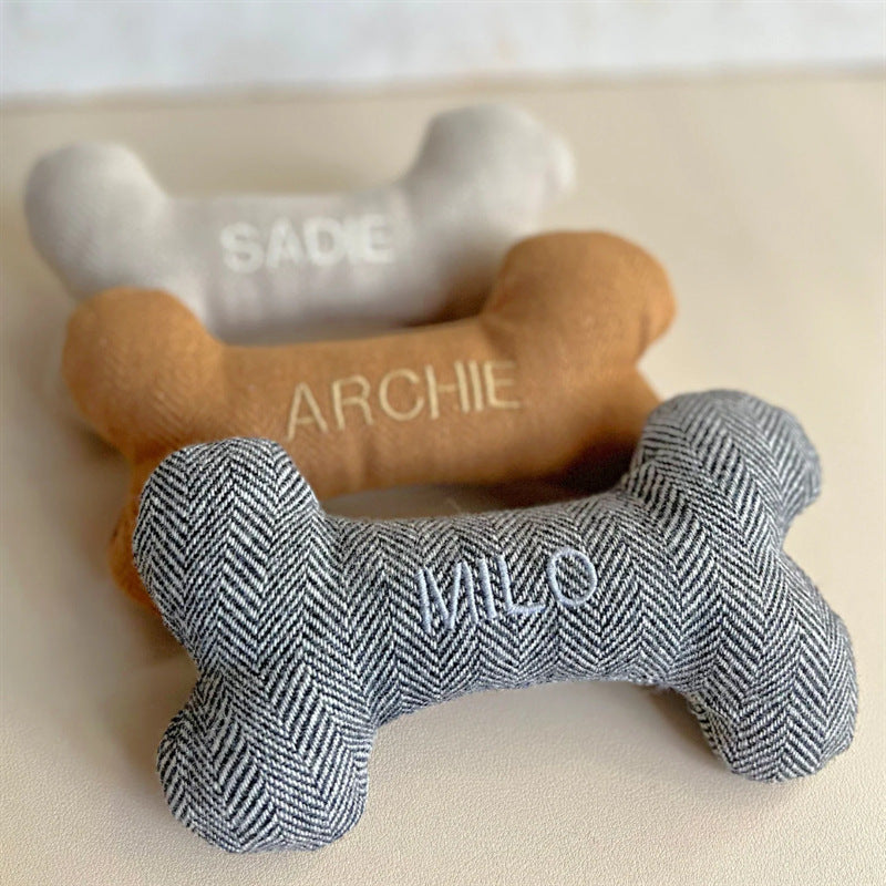 French Bulldog Custom Bone Toy – Embroidered Name Tweed Squeaker