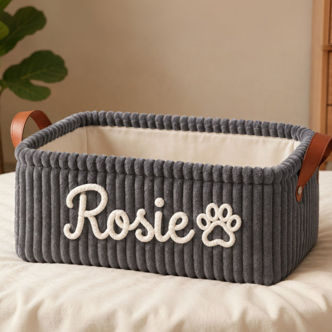 French Bulldog Custom Corduroy Toy Basket – Embroidered Name