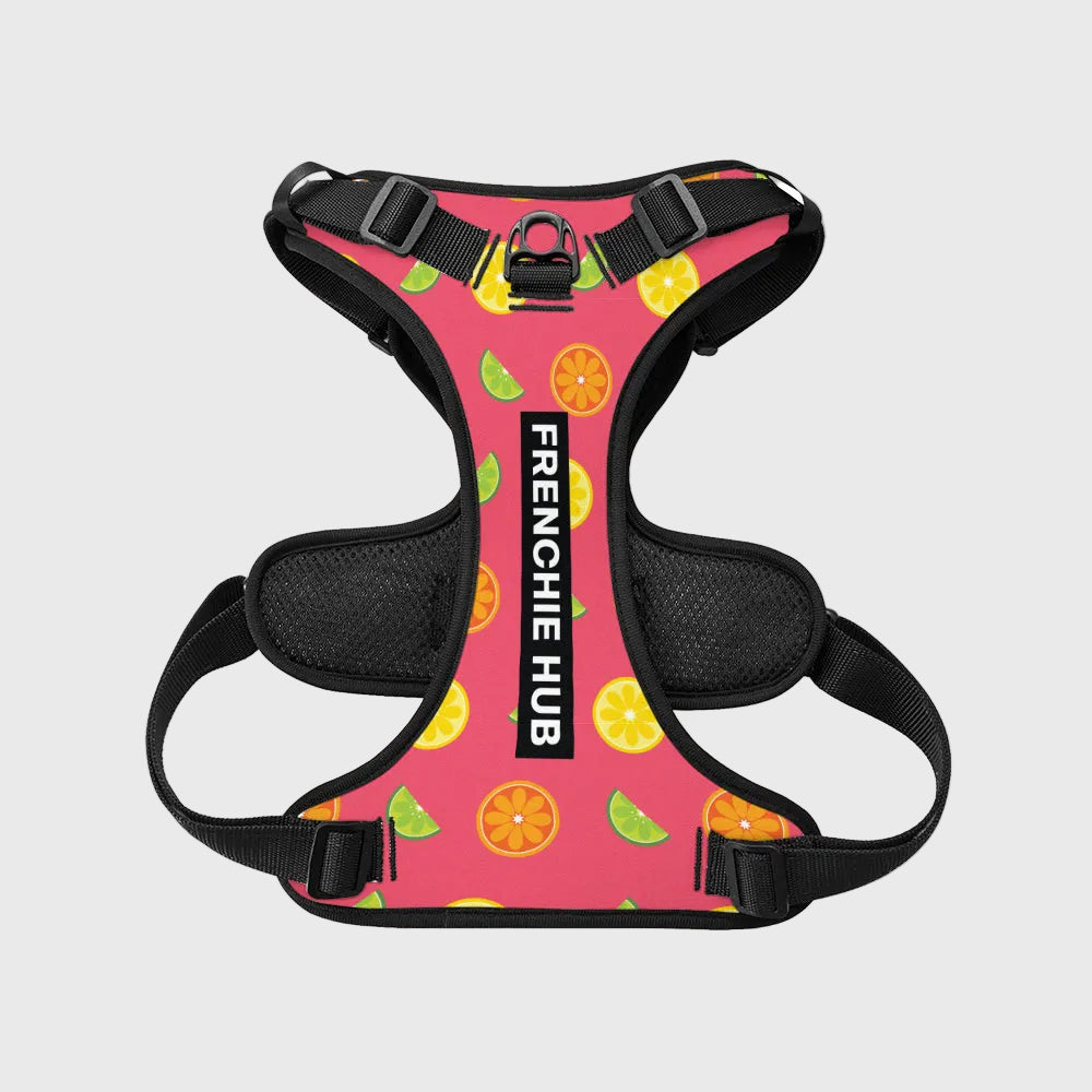 A pink and black dog harness with a citrus fruit pattern, featuring the brand name 'FRENCHIE HUB' printed vertically on the center chest strap, shown against a plain white background.