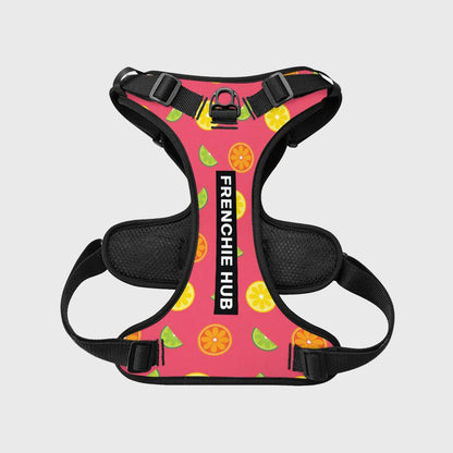 A pink and black dog harness with a citrus fruit pattern, featuring the brand name 'FRENCHIE HUB' printed vertically on the center chest strap, shown against a plain white background.