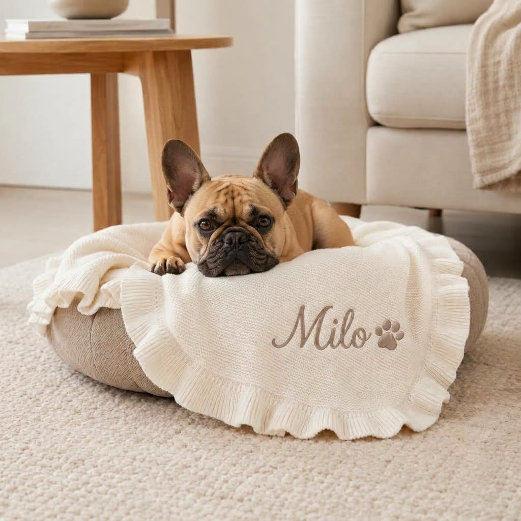 French Bulldog Custom Knitted Blanket – Embroidered Cozy Throw