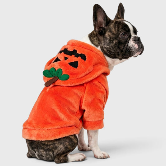 French Bulldog Pumpkin Hoodie Costume – Warm Fleece with Leash Clip