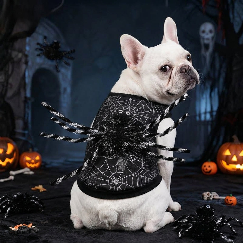 French Bulldog Spiderweb Costume – Black Halloween Coat Decor