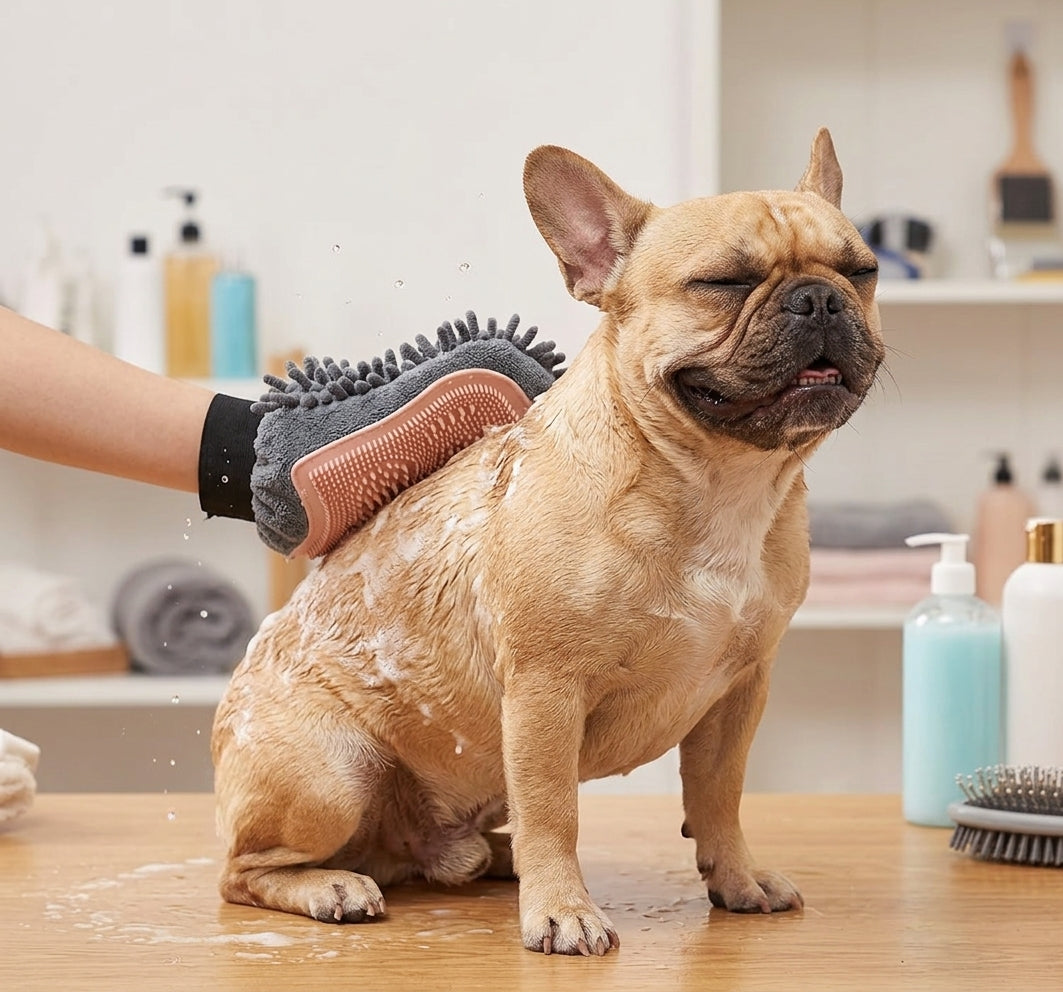 Pet Grooming Glove – Shower, Massage & Deshedding Brush for your frenchie