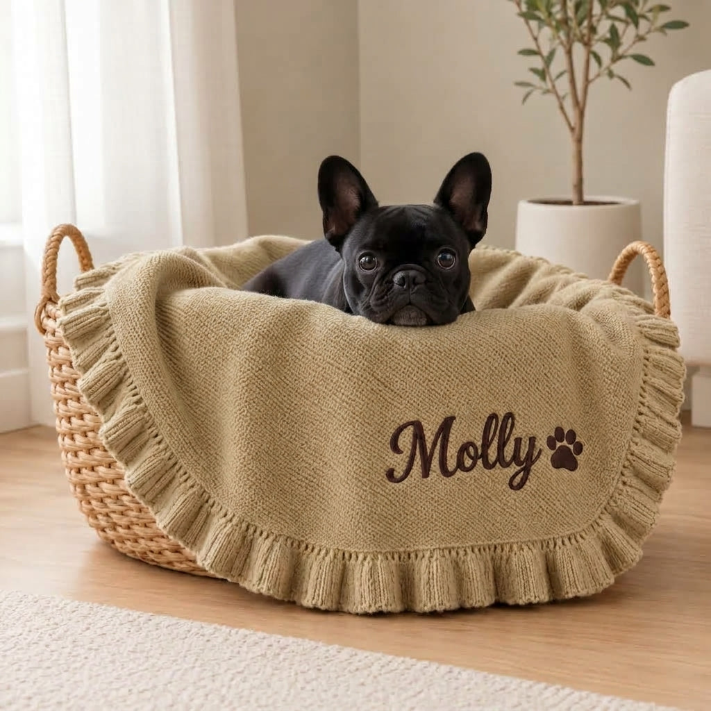 French Bulldog Custom Knitted Blanket – Embroidered Cozy Throw