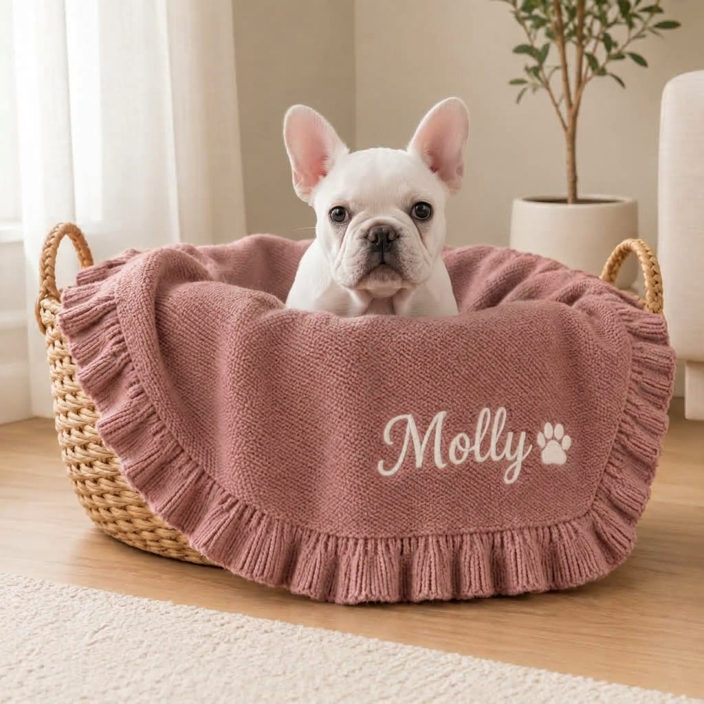 French Bulldog Custom Knitted Blanket – Embroidered Cozy Throw