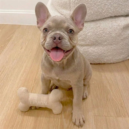 French Bulldog Custom Bone Toy – Embroidered Name Tweed Squeaker